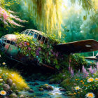 Vintage airplane overtaken by nature in forest clearing