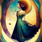 Illustration of woman with moon halo, butterflies, and cosmic backdrop