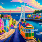 Colorful Coastal Town Illustration with Tram, Boats, and Bridge at Sunset