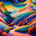 Colorful surreal landscape with swirling sky and rolling hills