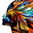 Colorful digital art: Woman's profile with flowing, multicolored hair on white background