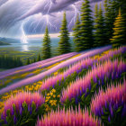 Scenic landscape: lightning storm over lake, pine trees, wildflowers