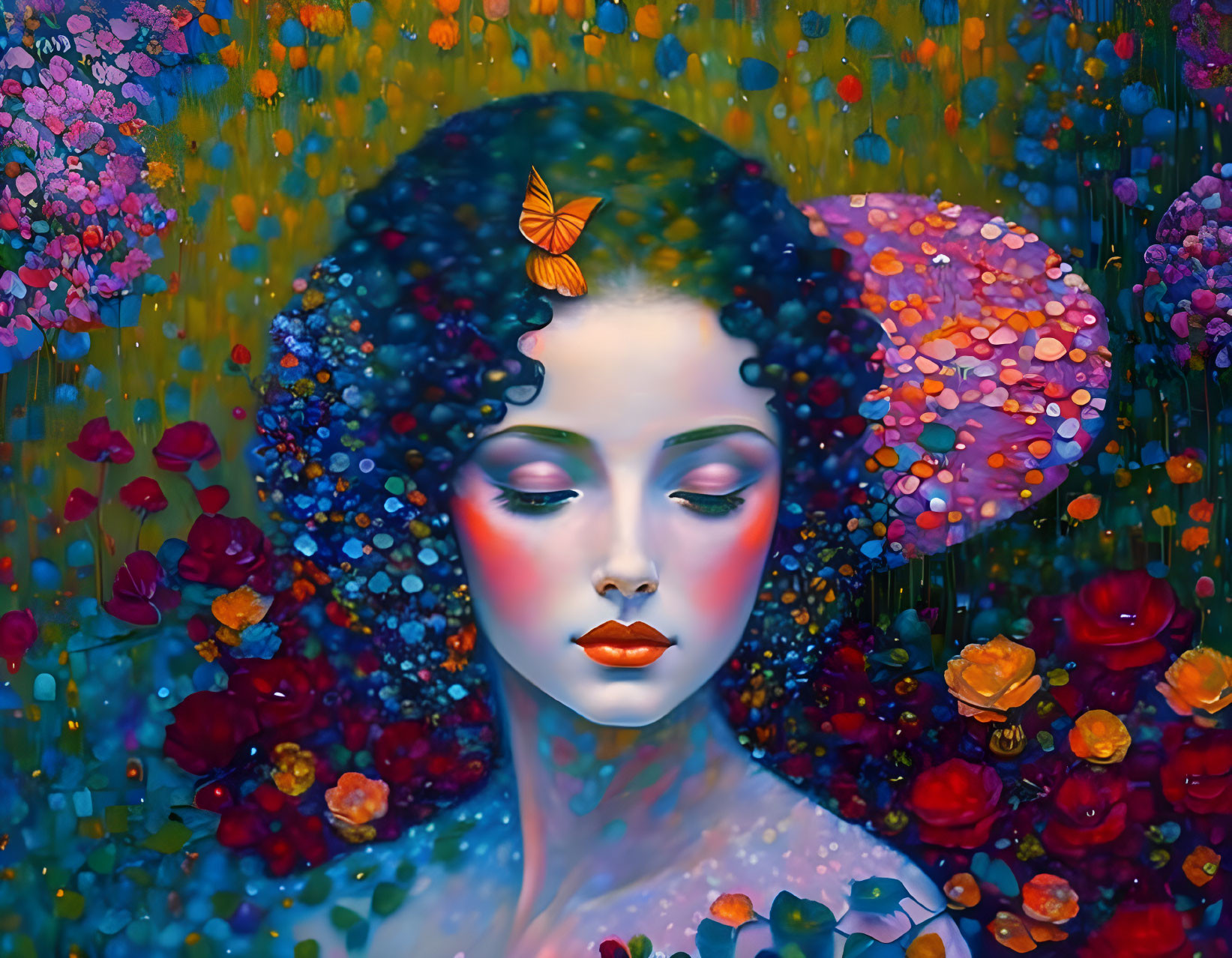 Colorful artwork: Woman with closed eyes, surrounded by flowers and butterfly