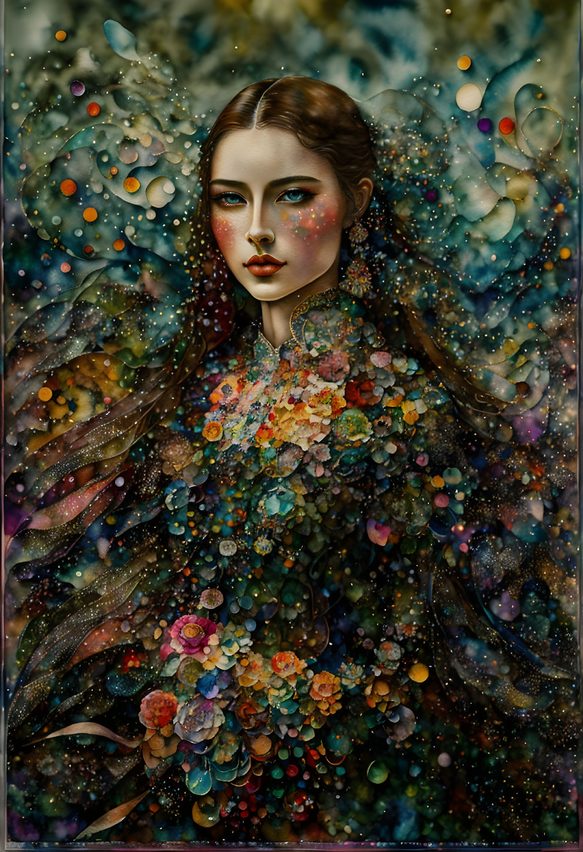 Colorful Floral Patterns Surrounding Ethereal Woman Portrait