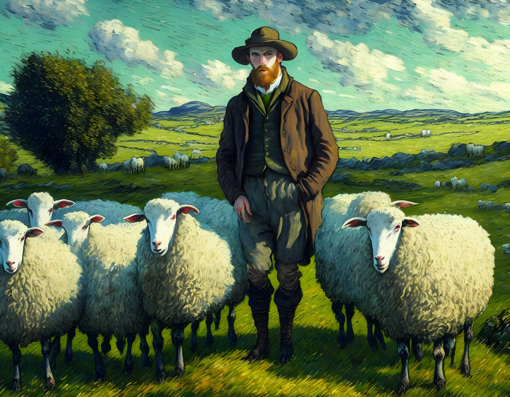 Bearded man in vintage attire in green pasture with sheep