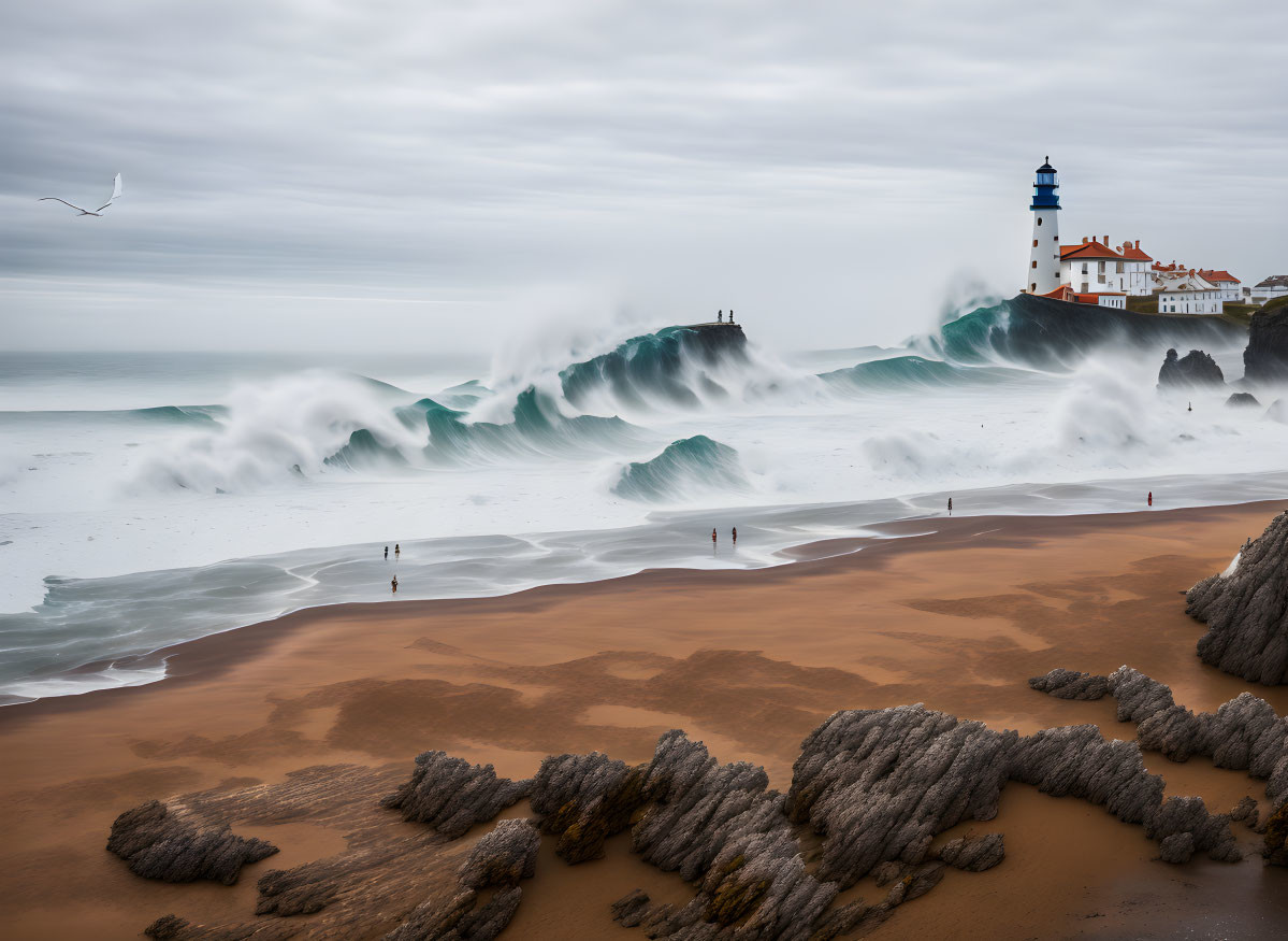 Beach scene with crashing waves, lighthouse, moody sky, and distant figures