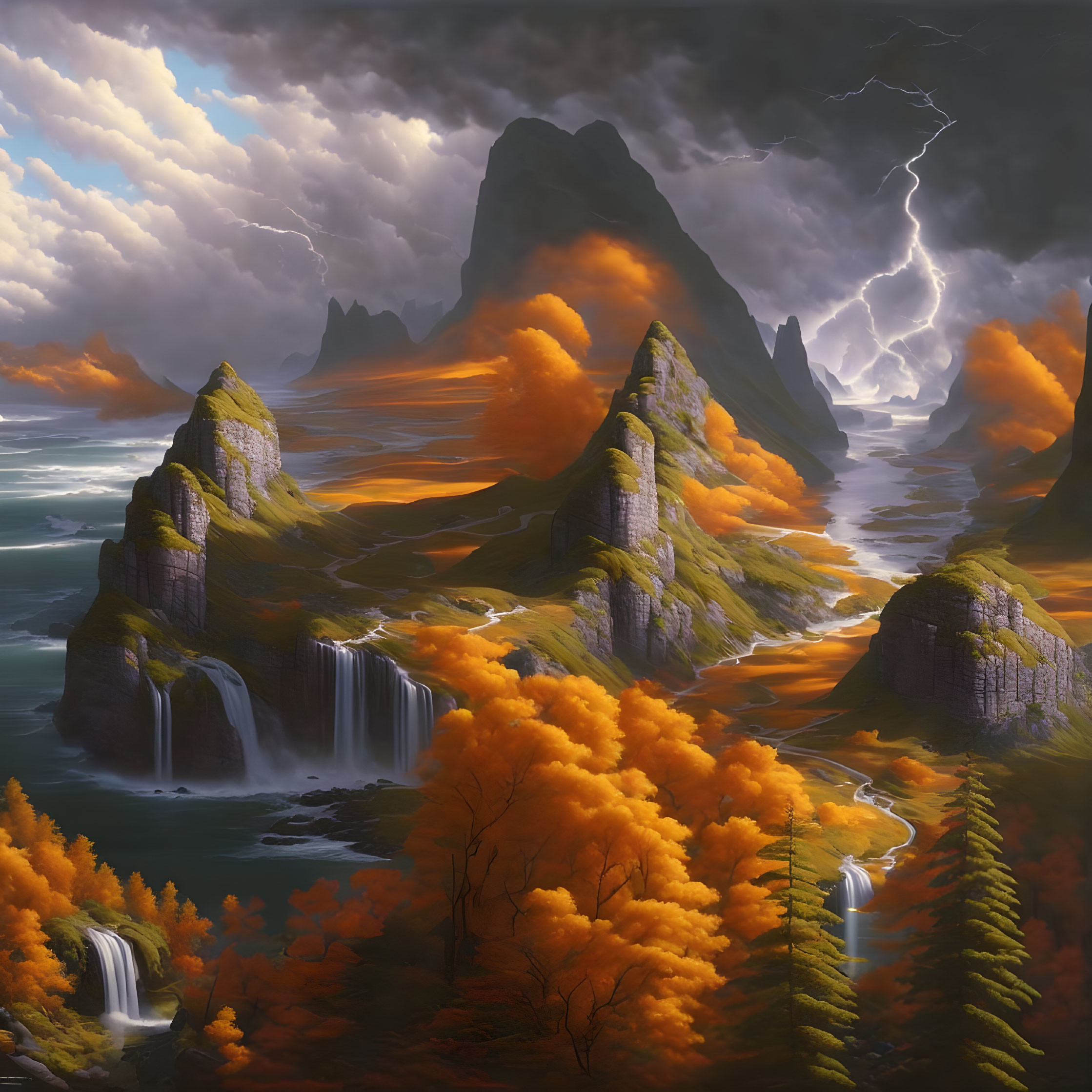 Dramatic mountain landscape with stormy skies and autumn trees