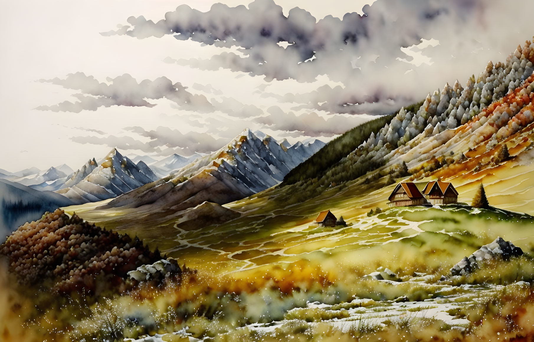 Snow-capped mountains, autumn trees, small houses in picturesque landscape