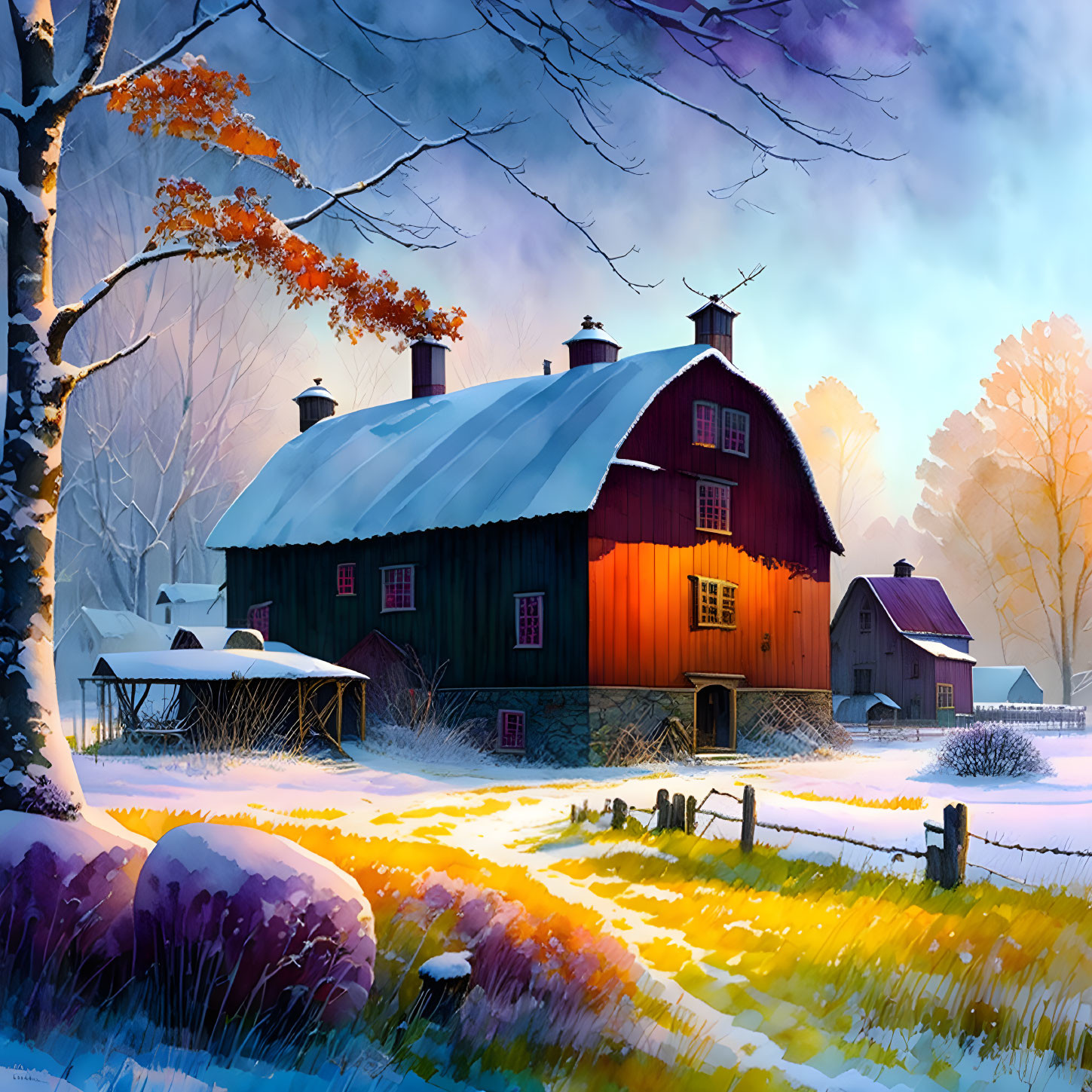 Snow-covered red barn in warm sunset light amid winter scene