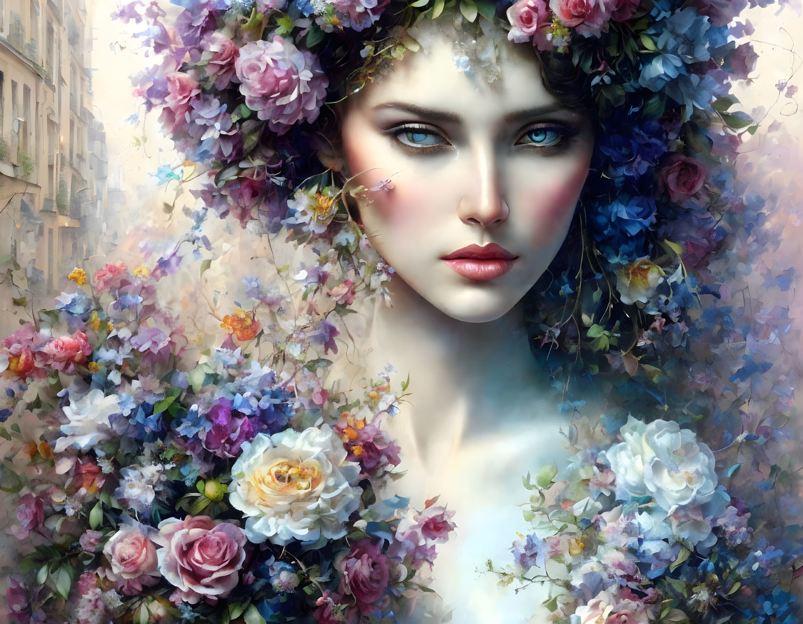 Digital painting of woman with blue eyes and floral wreath in pastel colors
