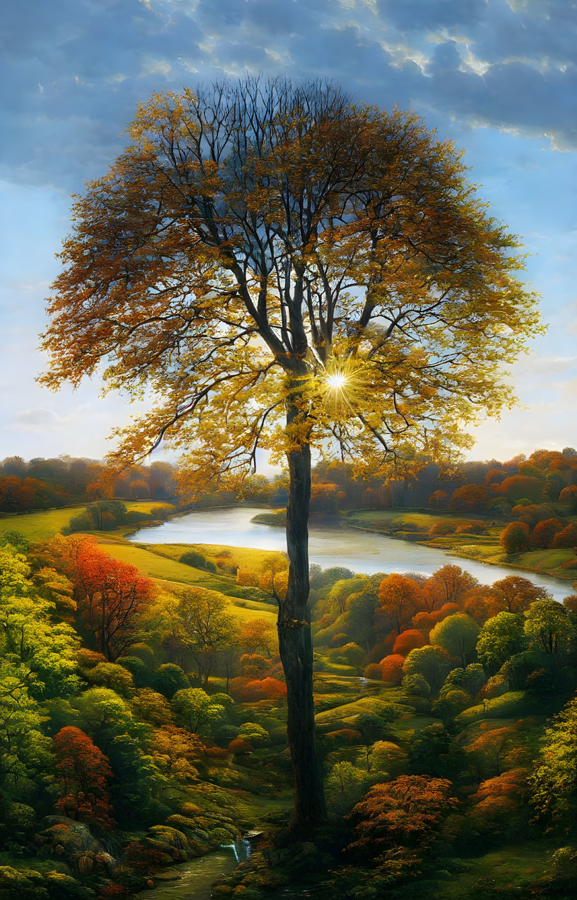 Autumn Landscape with Tall Tree and River