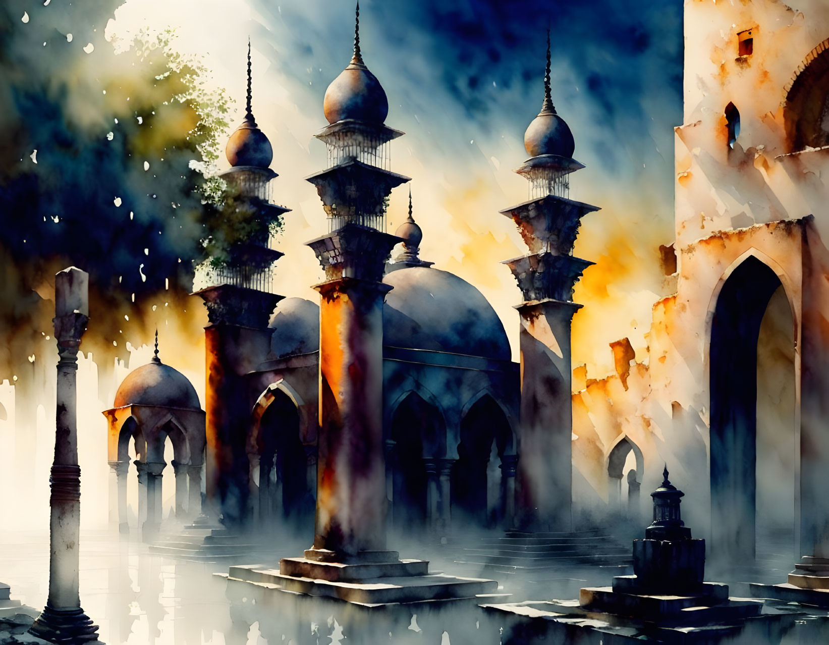 Mystical watercolor illustration of mosque silhouettes at sunset