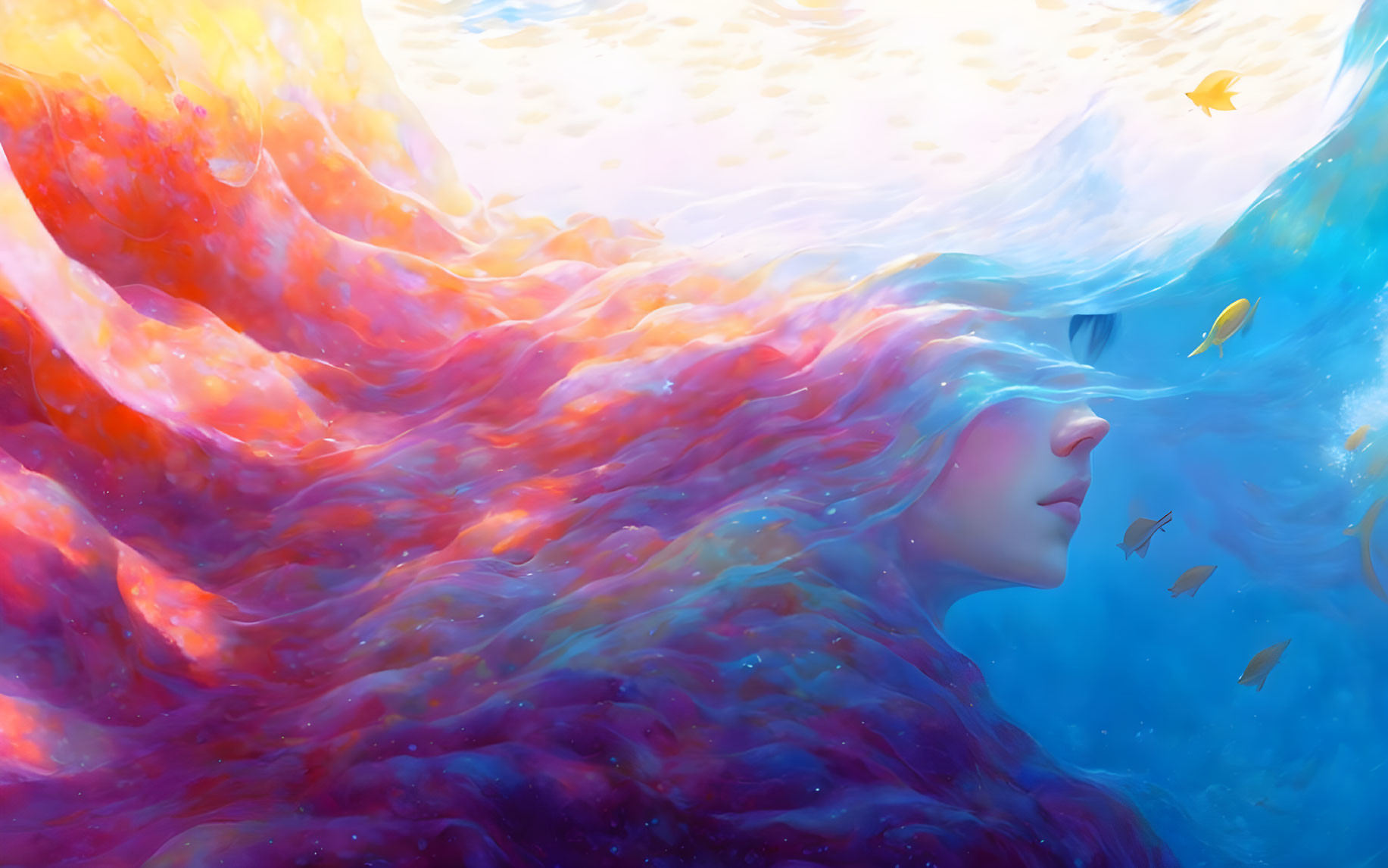 Colorful artwork blending woman's profile with sea and fish.