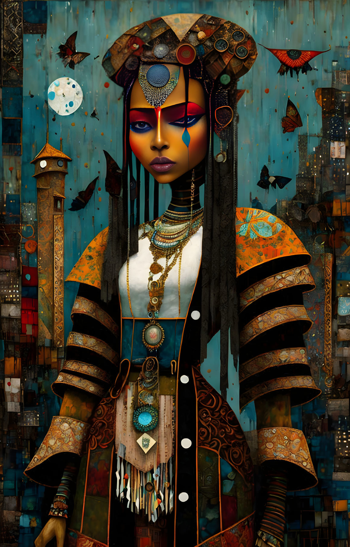 Stylized digital artwork of a woman in tribal attire with butterflies and towers