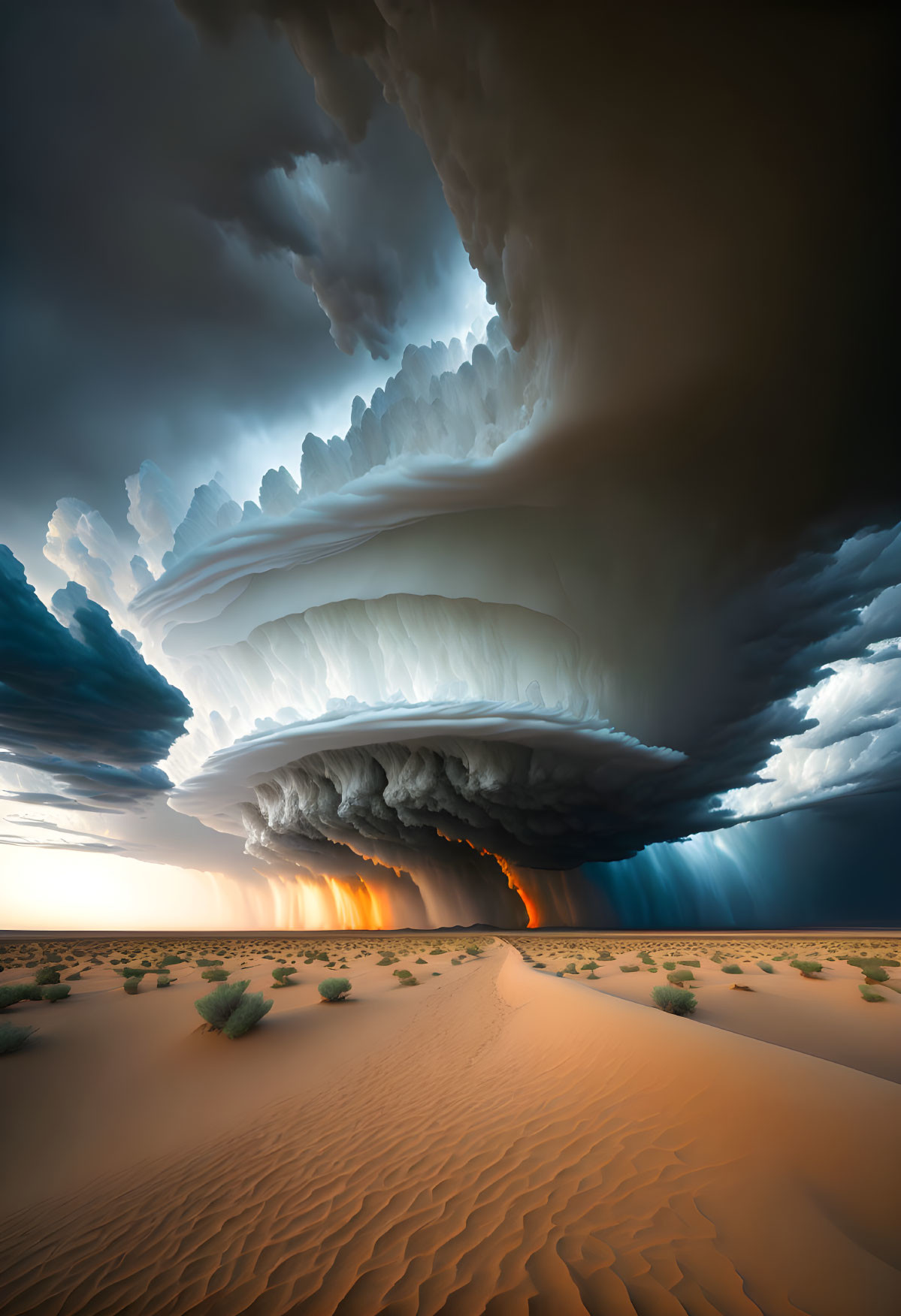 Giant supercell storm over serene desert landscape