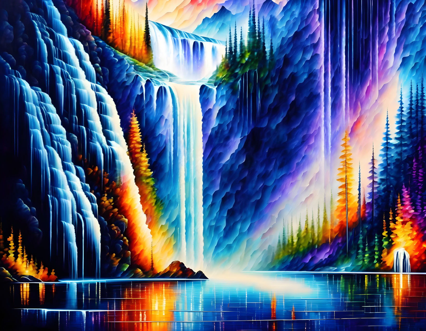 Surreal landscape with waterfalls, colorful cliffs, and pine trees