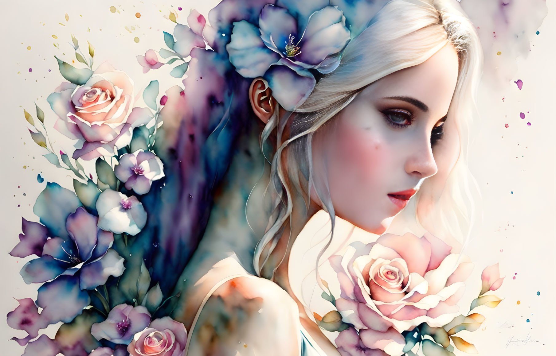 Digital artwork: Woman with pale skin and blonde hair amidst colorful flowers