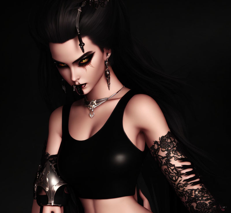 Digital illustration of female character with dark hair, yellow eyes, intricate black lace arm tattoos, dark modern