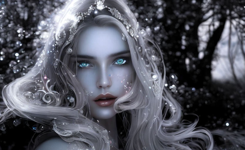 Fantasy woman portrait with pale skin, blue eyes, white hair, stars, jewels