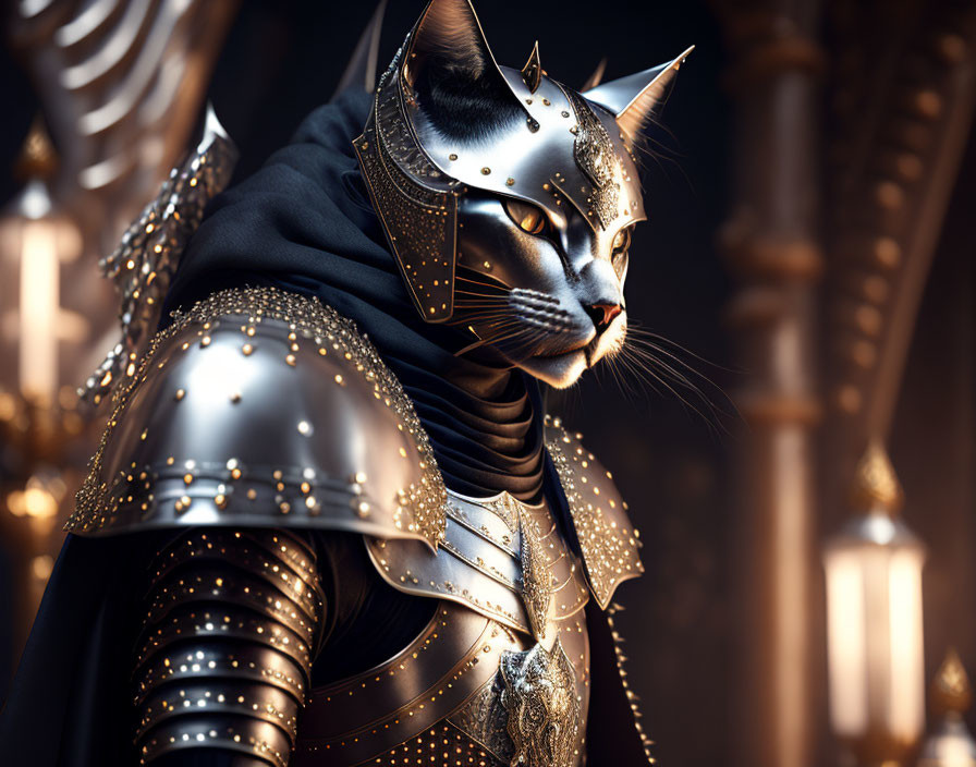 Anthropomorphic Cat in Medieval Armor with Feline Helmet