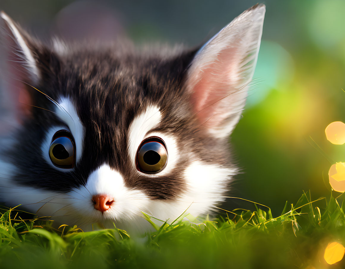 Illustrated kitten with large eyes in green grass.