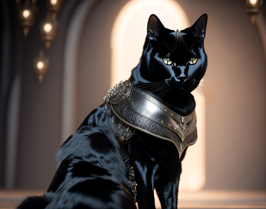 Black Cat in Elegant Armor on Warm Blurred Background