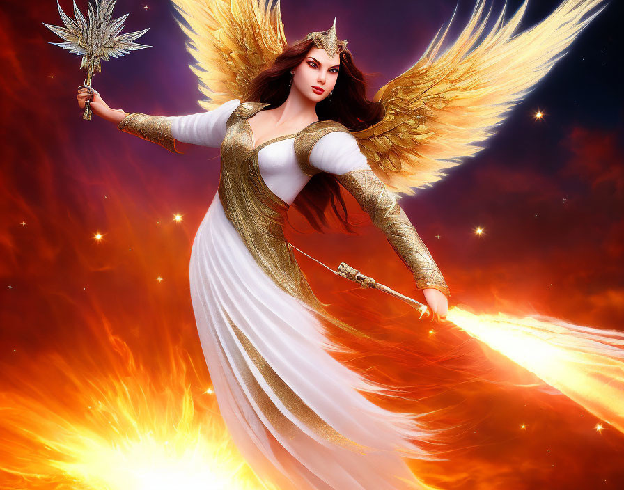 Woman with angelic wings in white and gold armor, holding a glowing staff and sword.