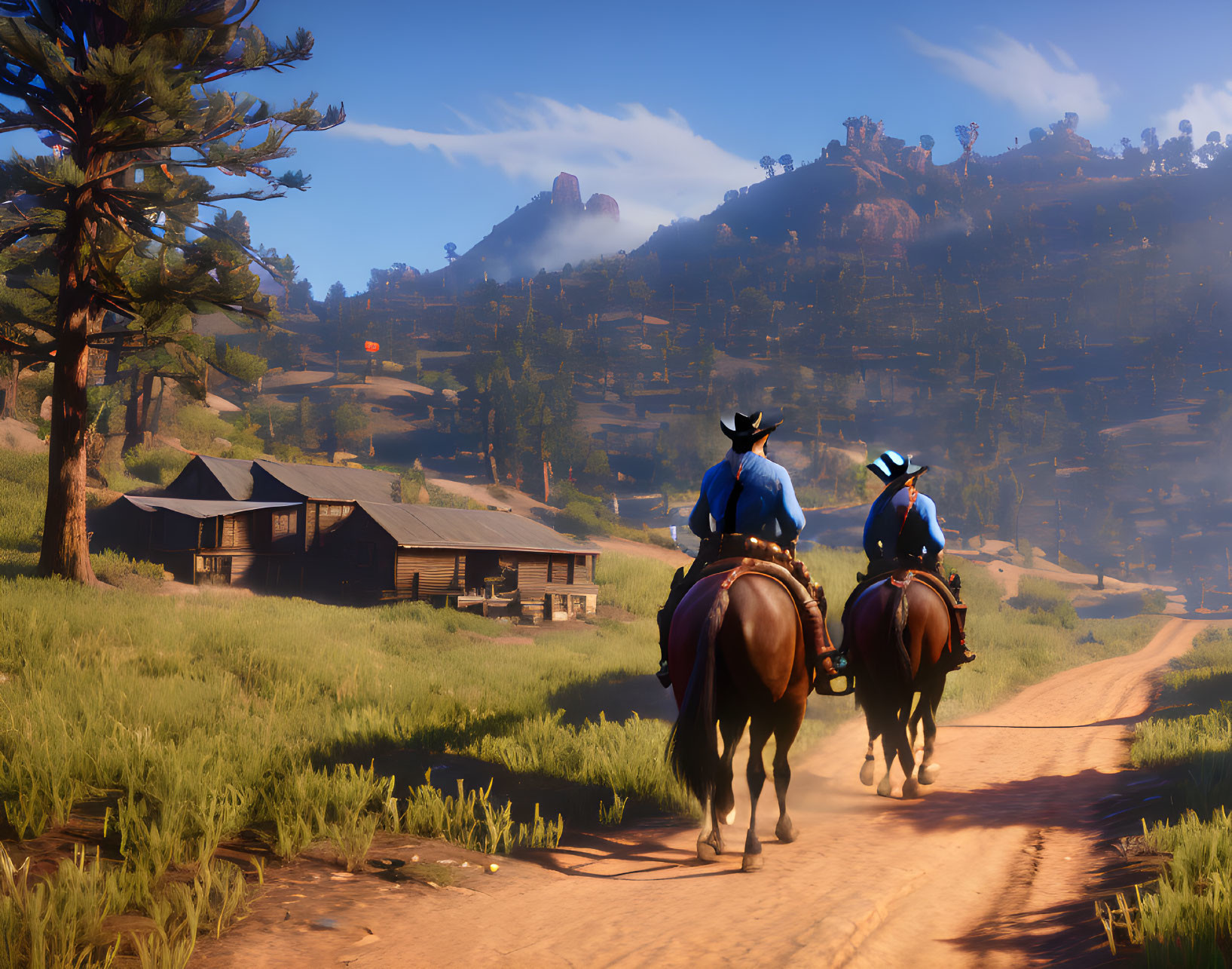 Cowboys on Horses Riding Near Wooden Houses at Sunrise