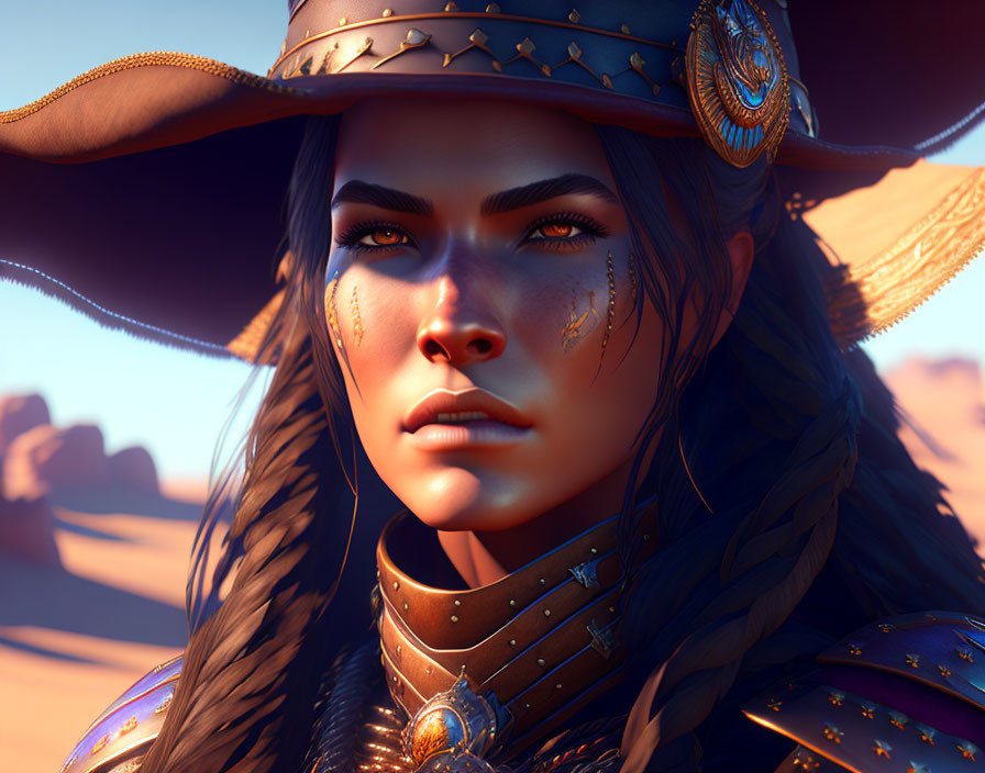 Digital artwork: Woman with braided hair in cowboy hat & ornate armor, desert backdrop