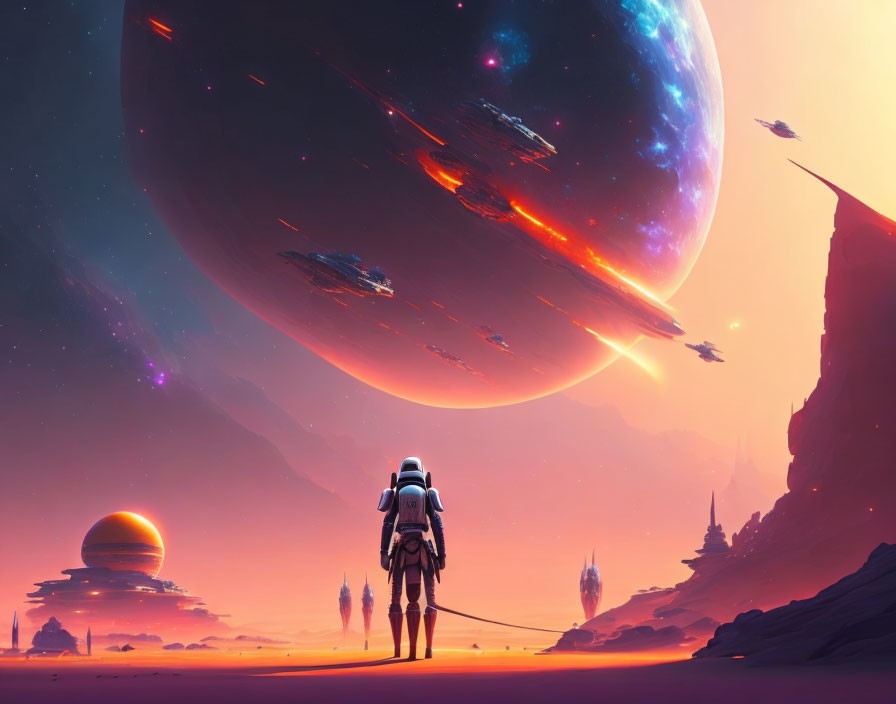 Astronaut on alien landscape with giant planets in sky at sunset