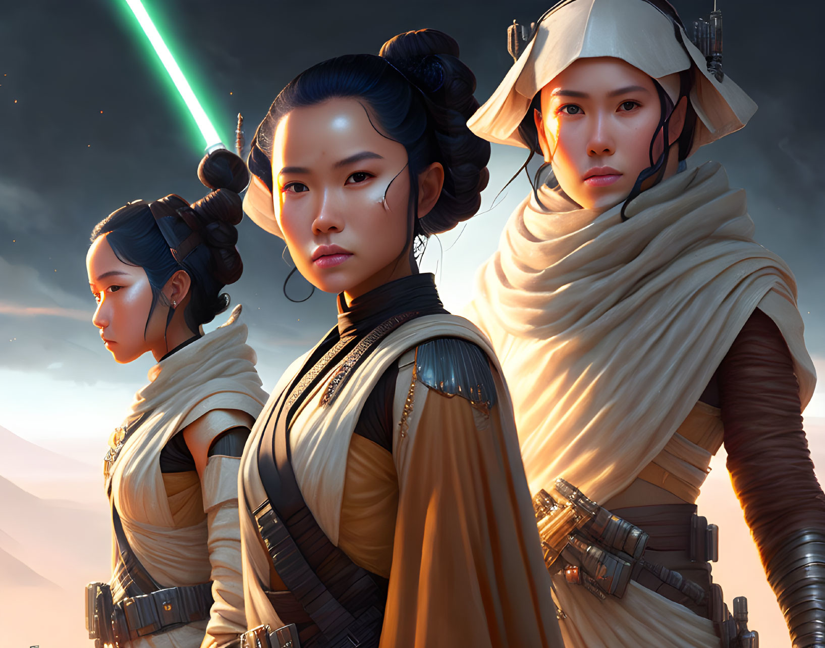 Three women in futuristic warrior outfits with lightsaber under dramatic sky