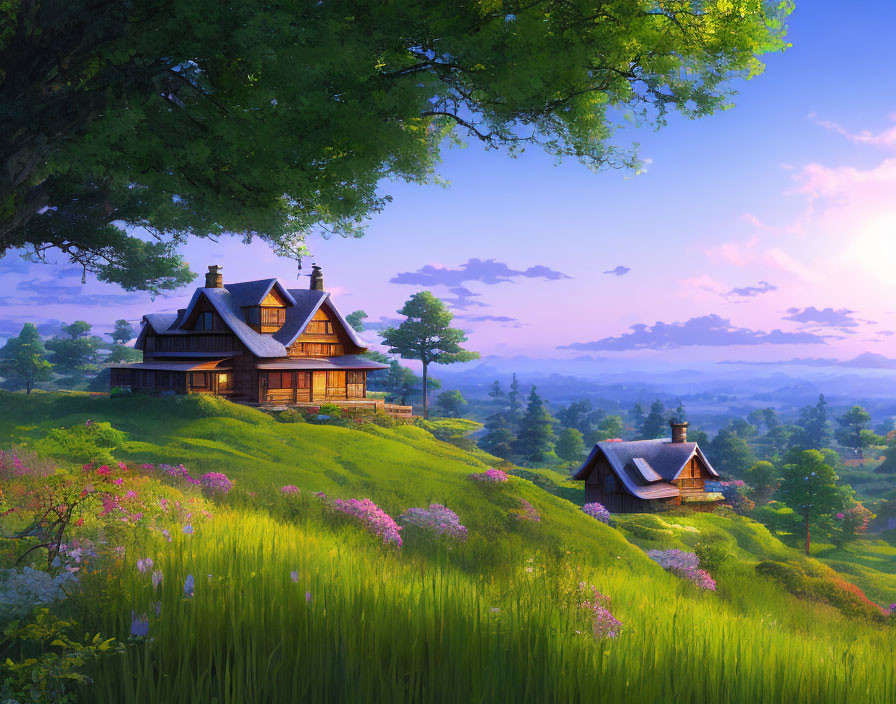 Tranquil countryside scene with charming house on verdant hill