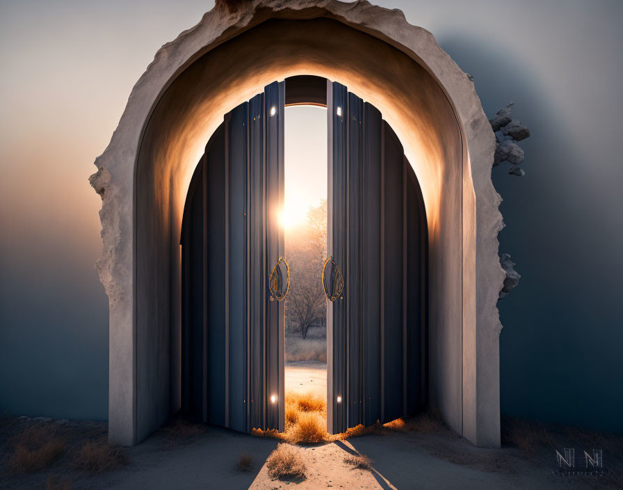 Sunlit Sandy Landscape with Mystical Sunrise and Mist