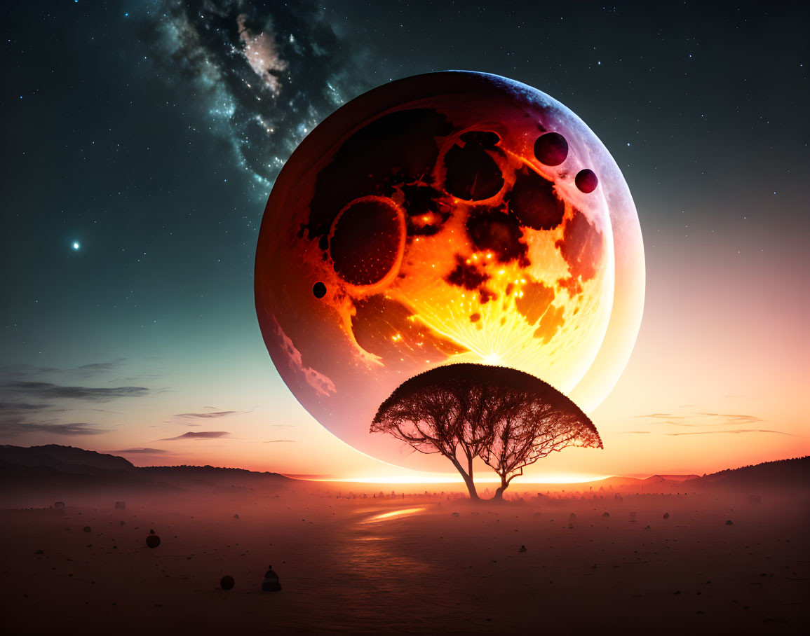 Surreal landscape with tree silhouette, fiery planet, and distant galaxy