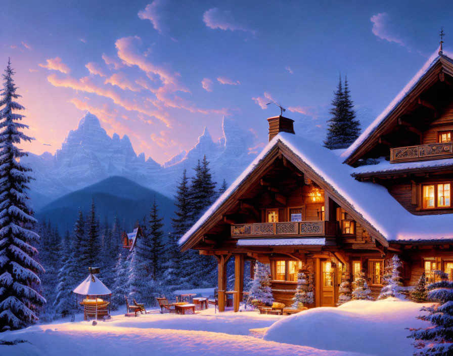 Snowy landscape with illuminated cabin, pine trees, sunset sky, pink clouds, and mountain backdrop.