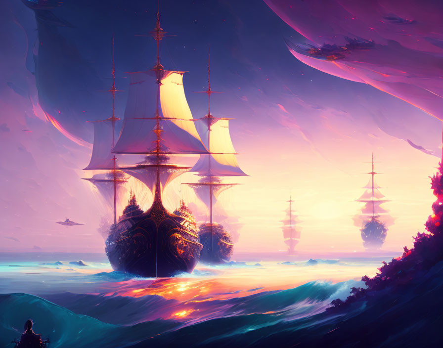 Majestic ships on vibrant ocean under pink and purple sky