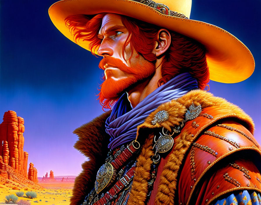 Rugged cowboy with red beard in wide-brimmed hat and fringed jacket against desert backdrop