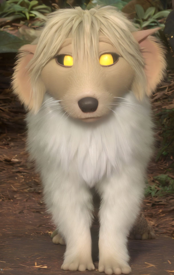 Cartoon dog with golden eyes and fluffy white fur