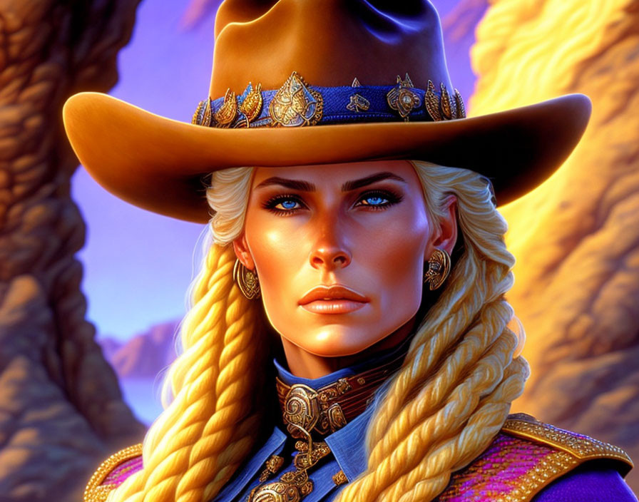 Portrait of woman with blue eyes, blonde hair, cowboy hat, purple outfit, rocky backdrop