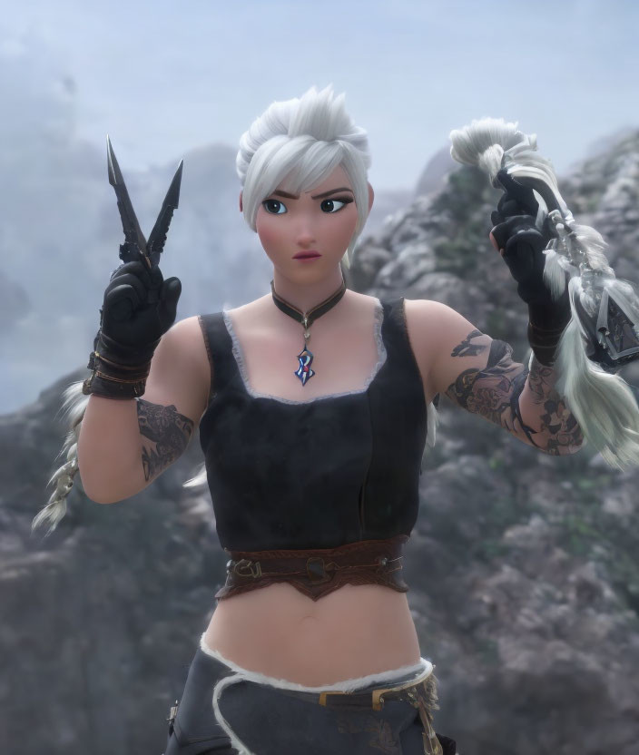 White-Haired Female Game Character with Daggers and Tattoo in Mountainous Setting