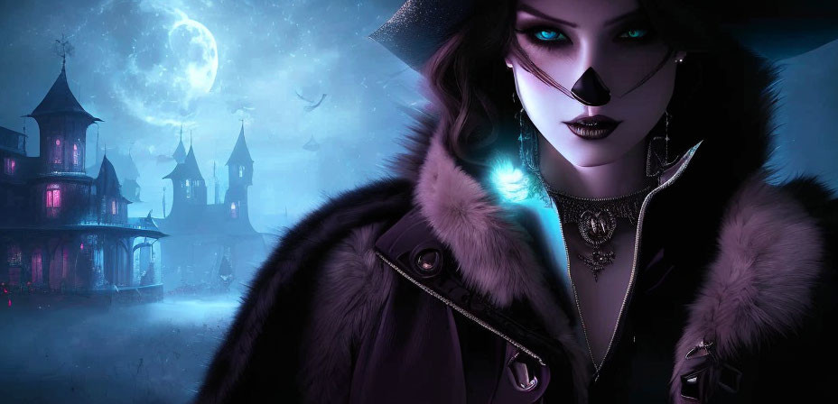 Stylized female character with blue eyes in dark attire against gothic castle backdrop