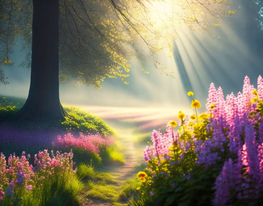 Colorful garden path with sun rays through tree