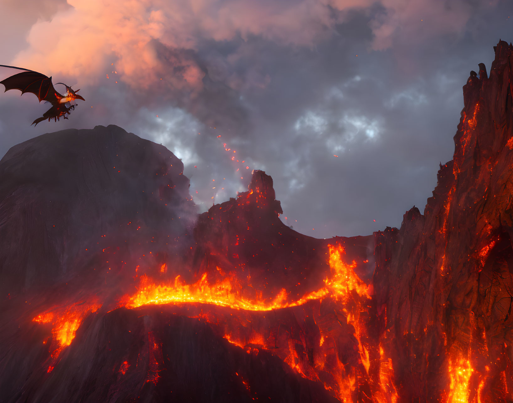 Dragon flying over fiery volcanic landscape with lava flows and smoke under dramatic sky