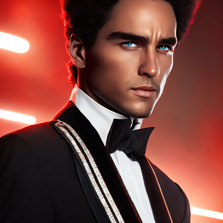 Dark-haired man in tuxedo against red backdrop with glowing lines