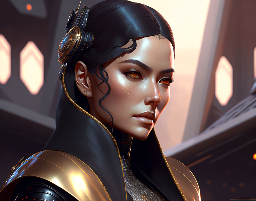 Digital portrait of woman with black hair and high-tech accessories on futuristic amber-lit backdrop