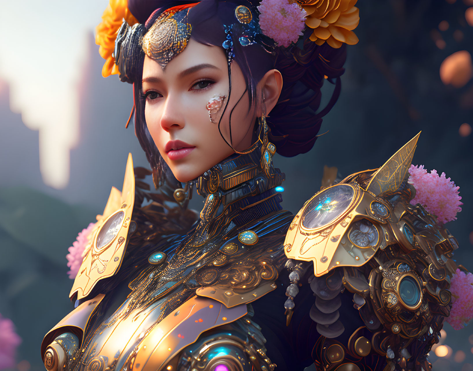 Detailed Female Character in Golden Armor with Floral Decorations