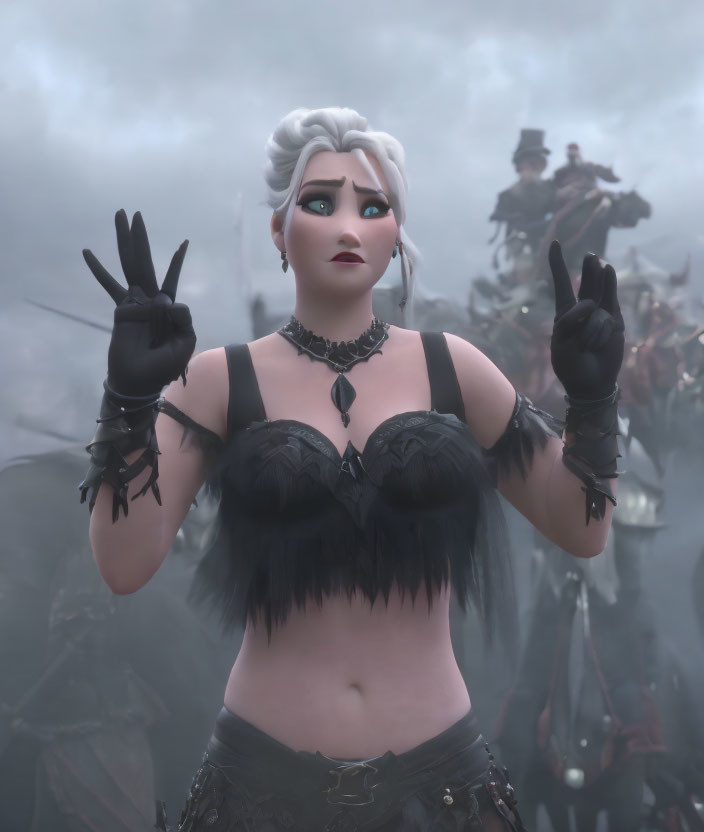 White-Haired Female Character in Black Bustier and Gloves Making Peace Sign with Misty Backdrop and