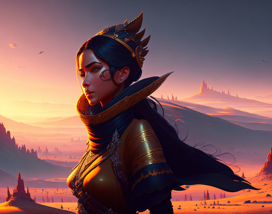 Regal woman with golden crown and armor in surreal sunset landscape