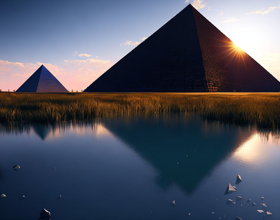 Large pyramid at sunset reflected in serene water with smaller pyramid.