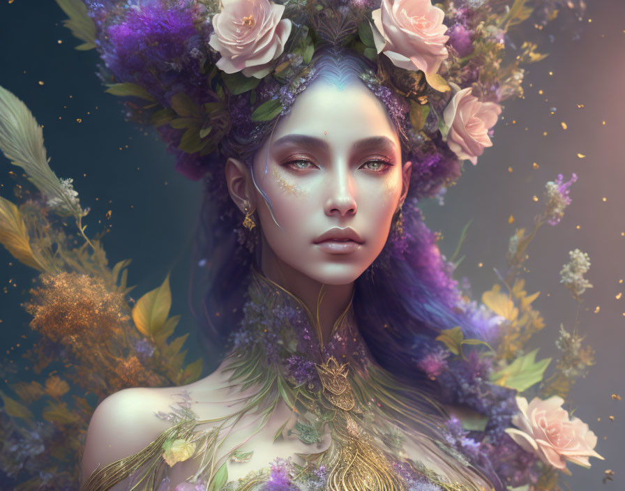 Ethereal woman in floral headpiece with floating petals